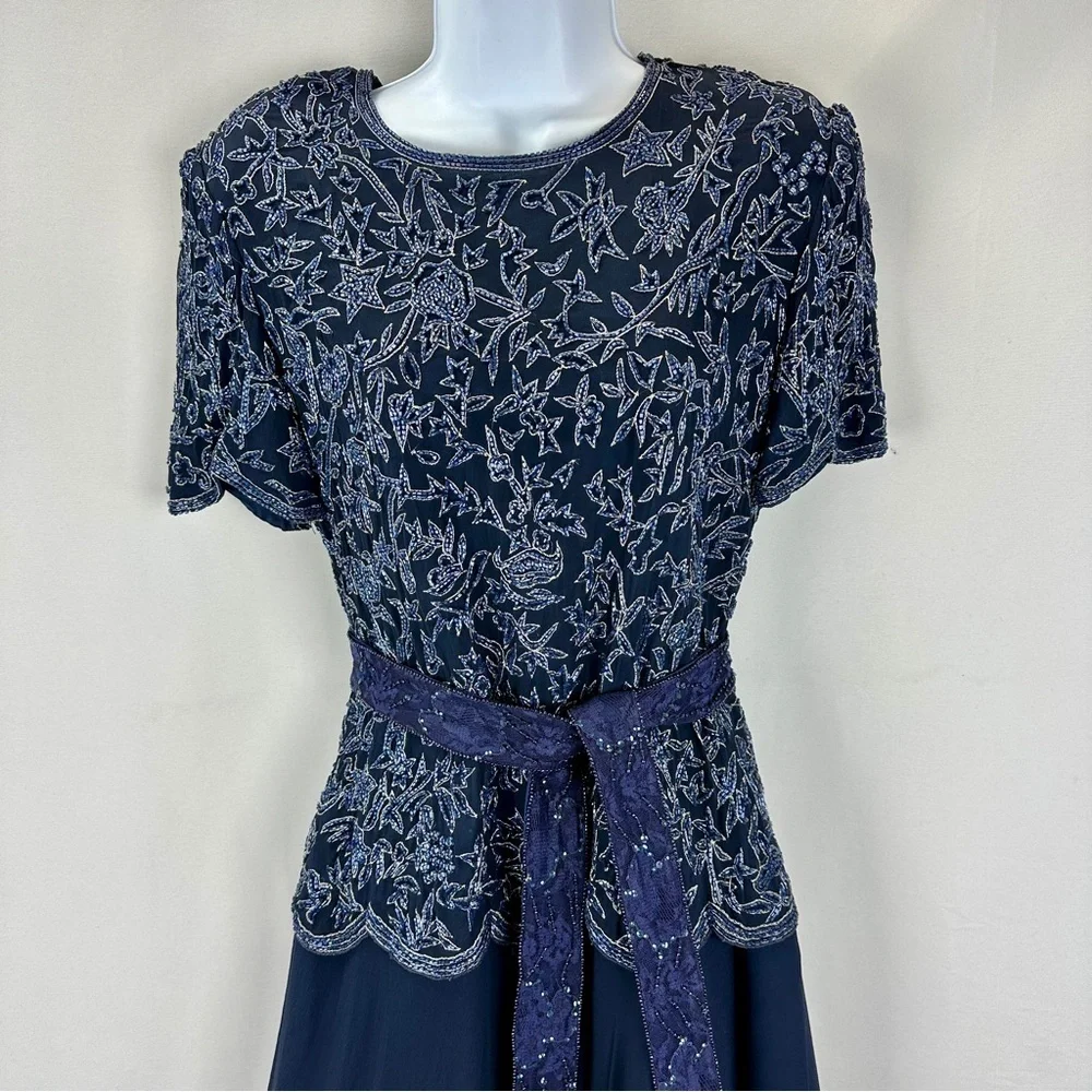 Papell Boutique Silk Beaded Dress Navy Blue Size 8 - Picture 8 of 9